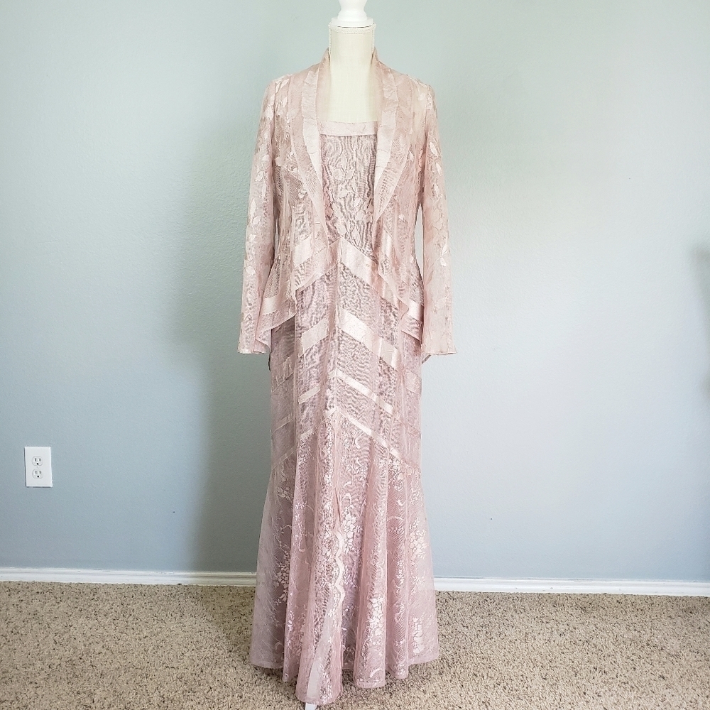 DAMIANOU Vtg 2 Piece Formal Maxi Dress Jacket Set Sheer Lace Floral Pink Sz S